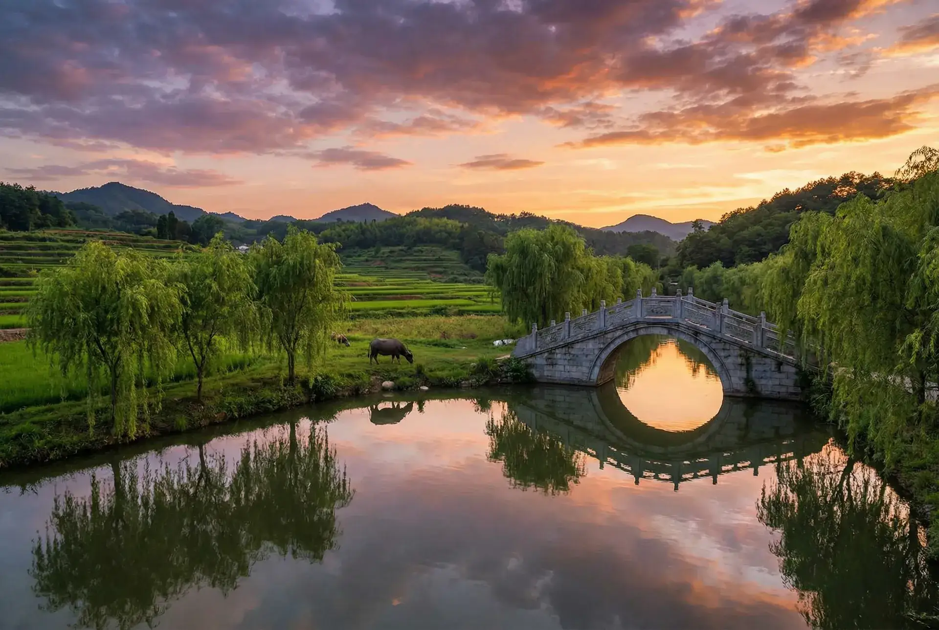 夕阳下的石拱桥与垂柳，水牛在河边吃草 - 暗黑血统2加点 乡村美景